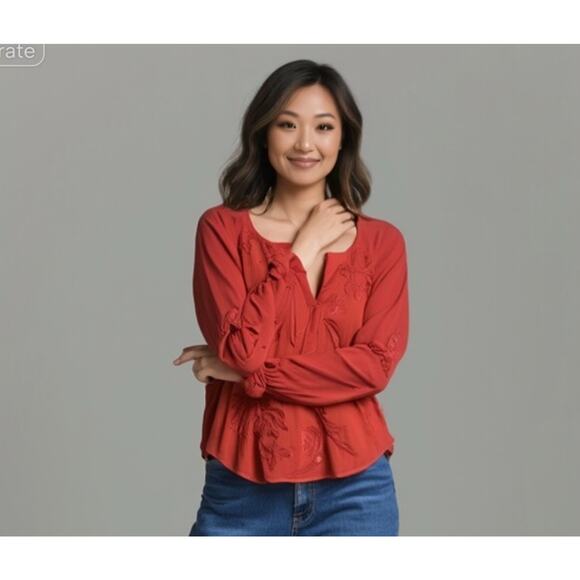 Tiny X Anthropologie Size XS Orange Embroidered Roll Tab Sleeve Henley Top - Picture 1 of 9